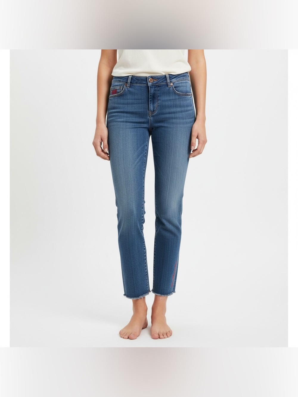 LOFT | Modern Straight embroidered mid rise ankle fray denim straight leg jeans
